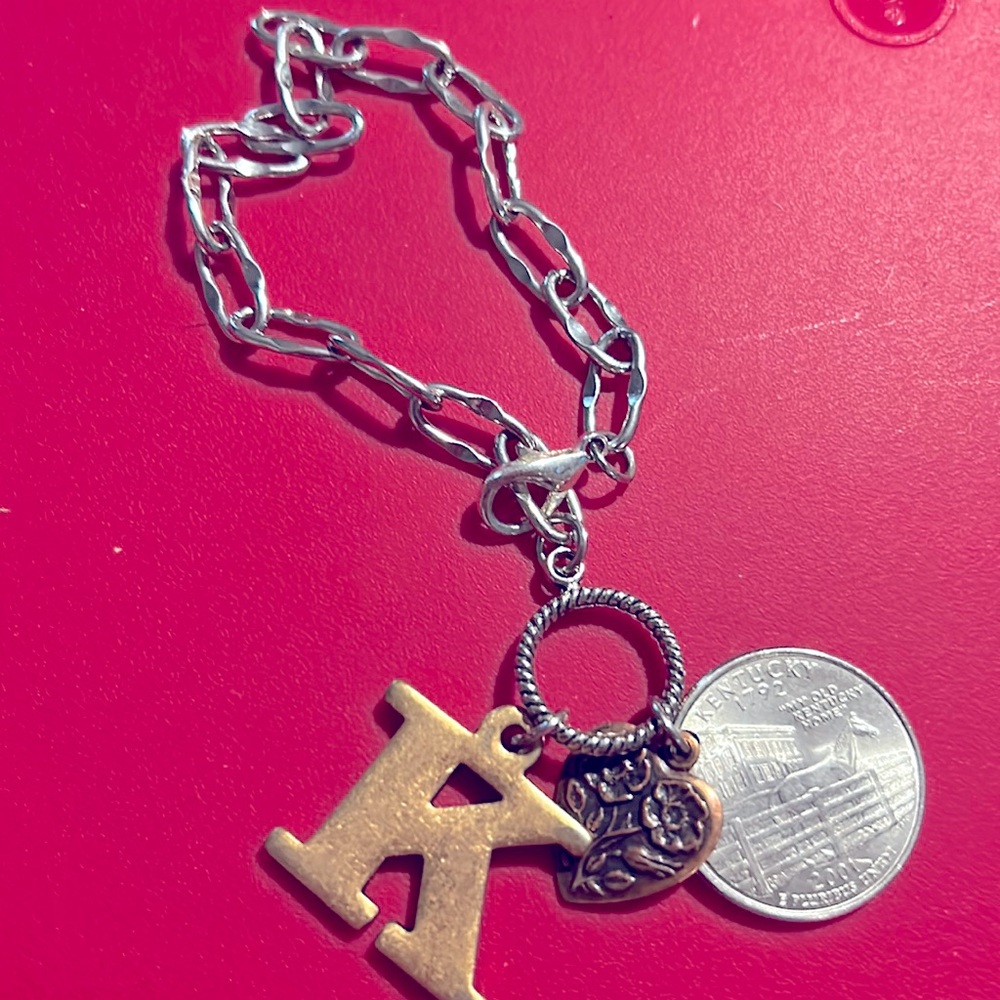 Silver Link Bracelet with charms K, Kentucky Quarter, heart with flowers